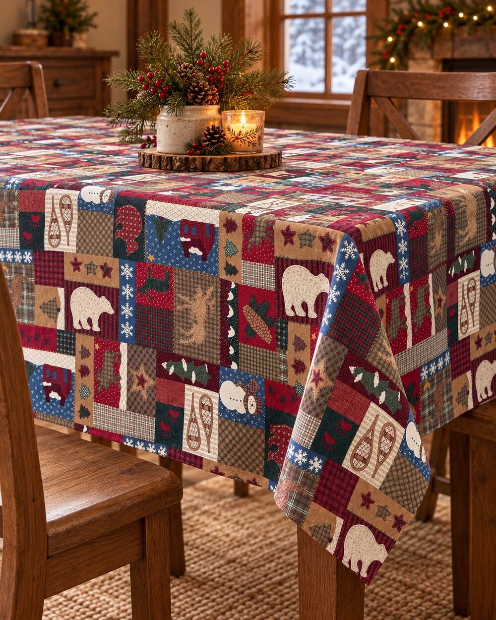 Christmas Tablecloth Woodland Cabin Bear Moose Winter Lodge JCPenney 58x80